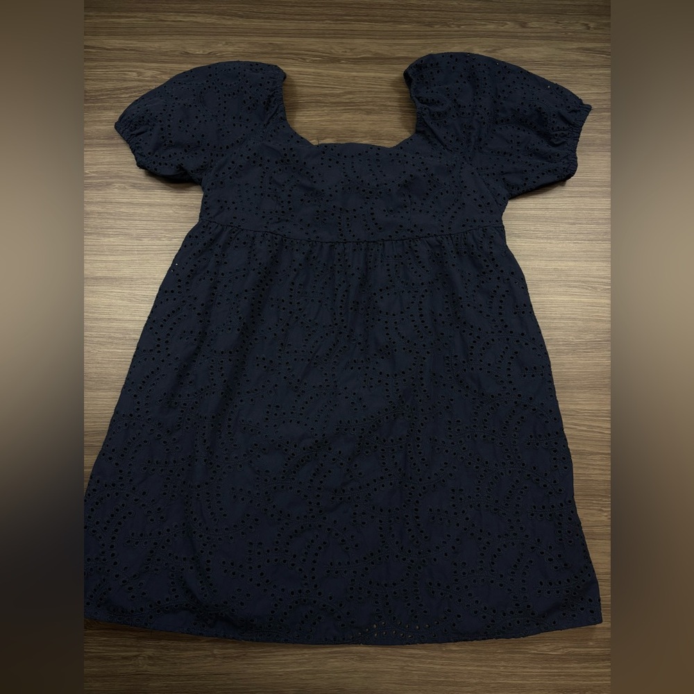 Time and Tru Women's Eyelet Dress with Puff Sleeves, Size XL Navy - Picture 4 of 11
